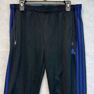 ADIDAS Men’s Track Pants Climalite Zipper Pockets Black Blue Large Leg Accents